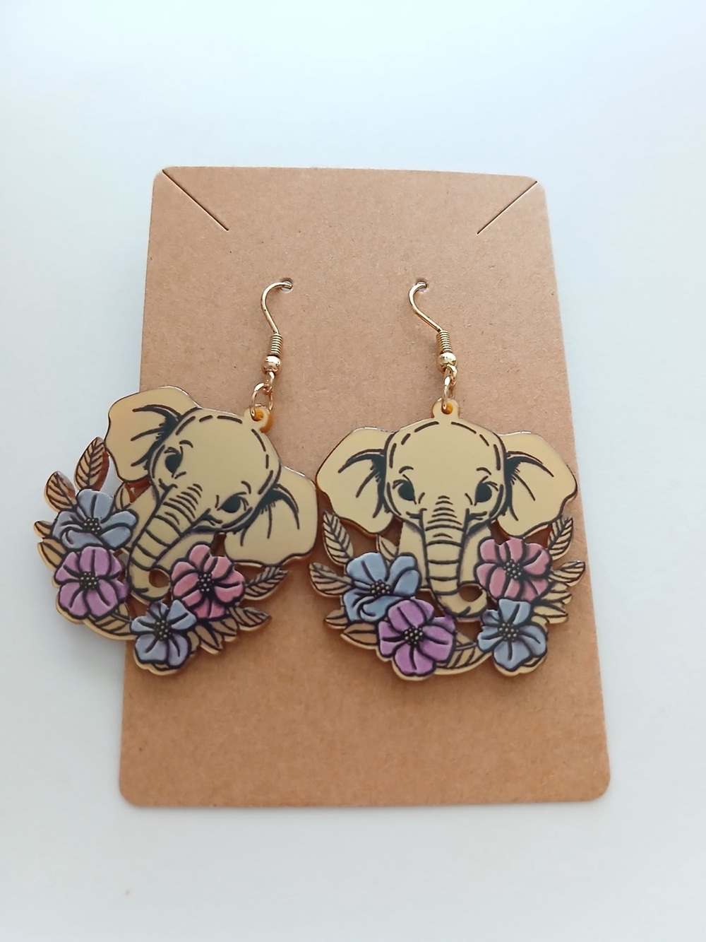 Fashion Jewelry Beige Elephant Floral Dangle Earrings with Pink and Blue Flowers